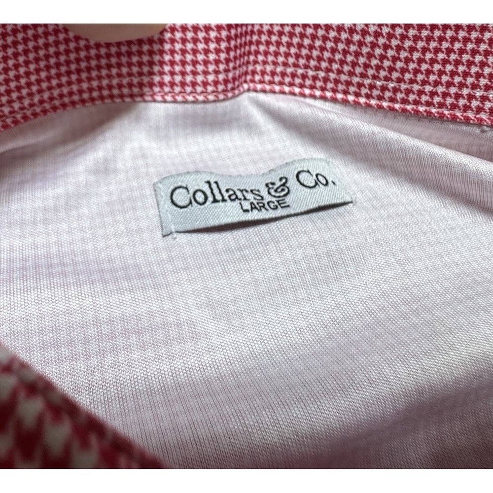 Collars & Co Dress Collar Polo Shirt Mens L Red Pink Houndstooth Performance - Picture 3 of 6